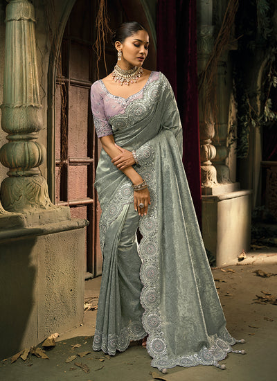 Aqua Mint Embroidered Wedding Silk Saree