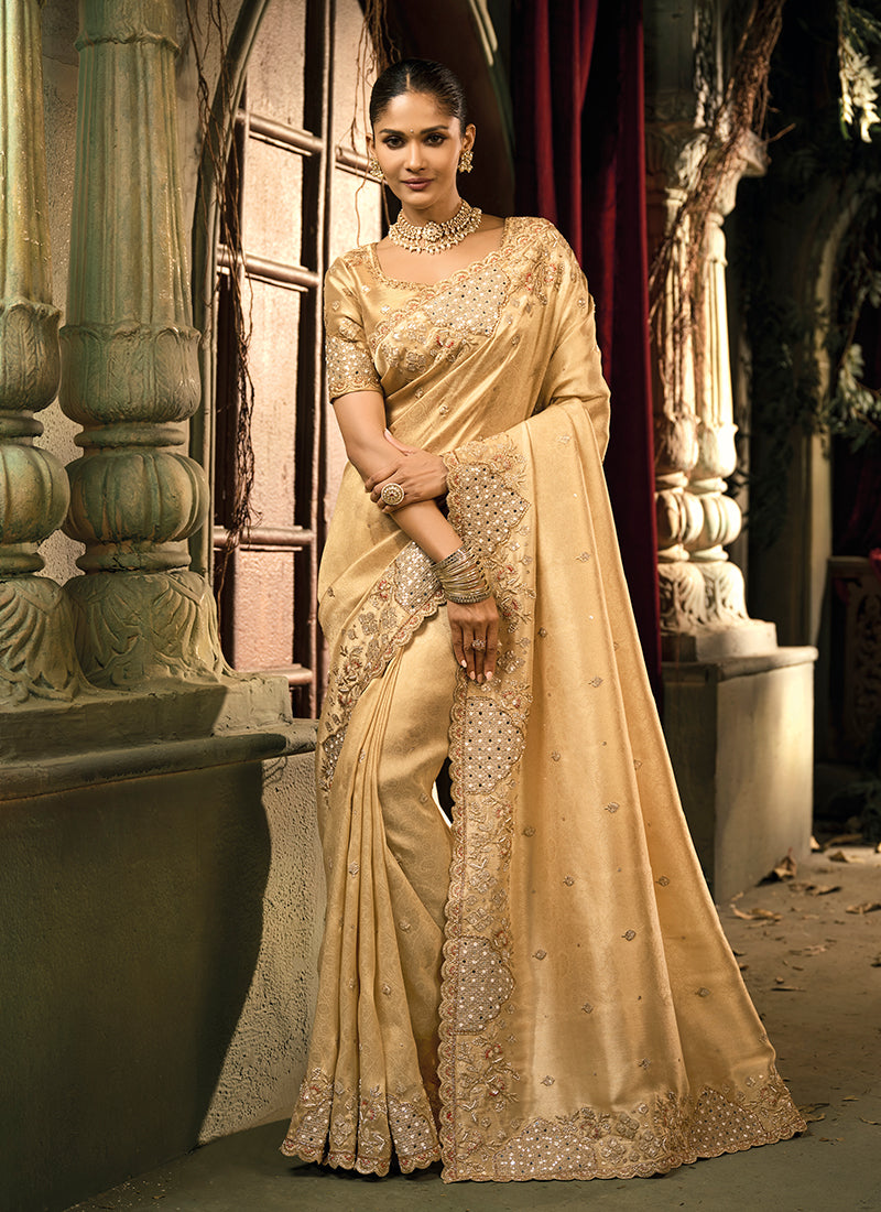 Champagne Gold Embroidered Wedding Silk Saree