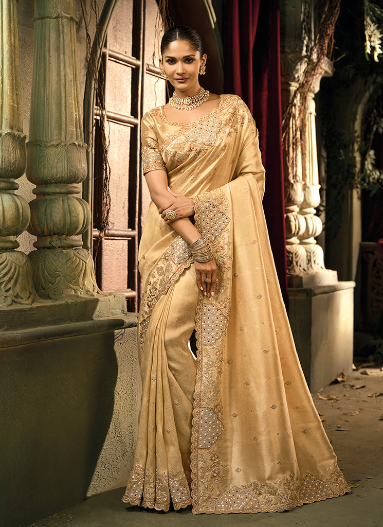 Champagne Gold Embroidered Wedding Silk Saree