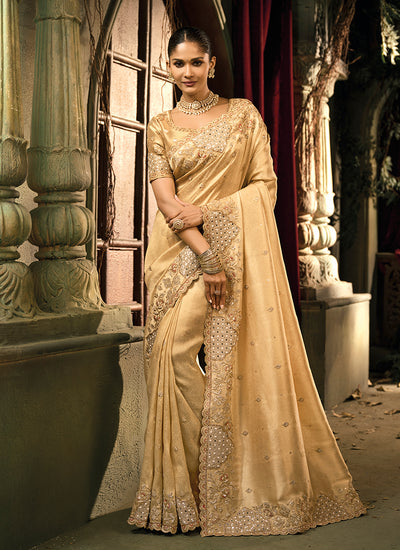 Champagne Gold Embroidered Wedding Silk Saree