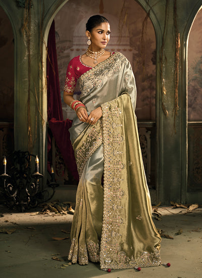 Olive and Red Embroidered Wedding Silk Saree