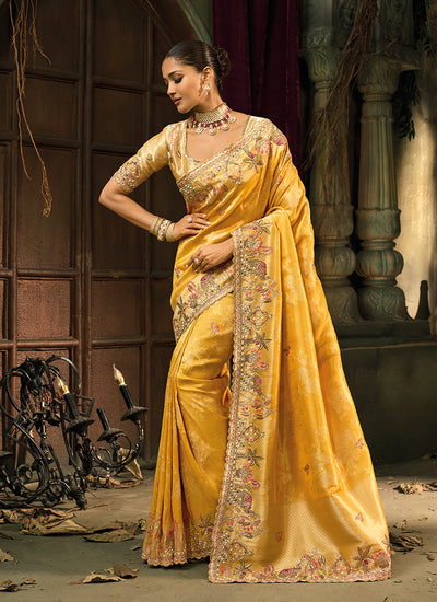 Mustard Gold Embroidered Wedding Silk Saree