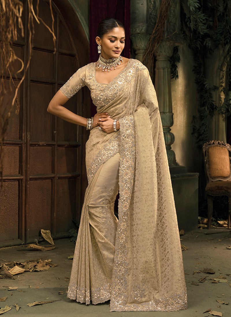 Golden Beige Embroidered Wedding Silk Saree
