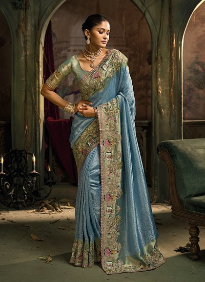 Aqua Blue Embroidered Wedding Silk Saree