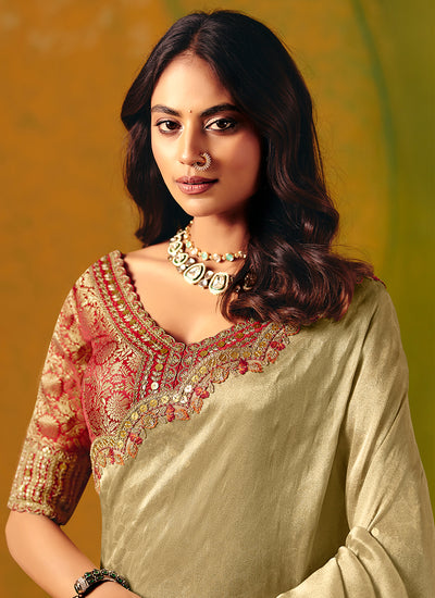 Pista Green Embroidery Wedding Silk Saree