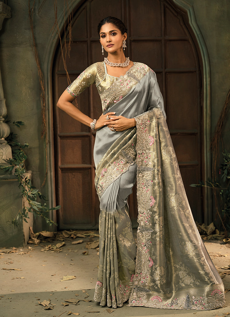 Mist Grey Embroidery Silk Saree