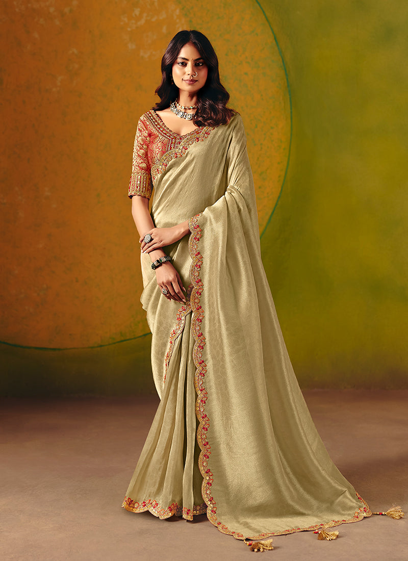 Pista Green Embroidery Wedding Silk Saree