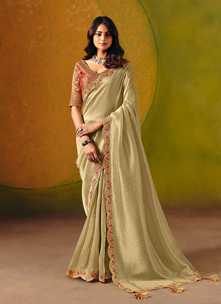 Pista Green Embroidery Wedding Silk Saree
