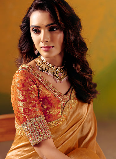 Mustard Gold Embroidery Wedding Silk Saree