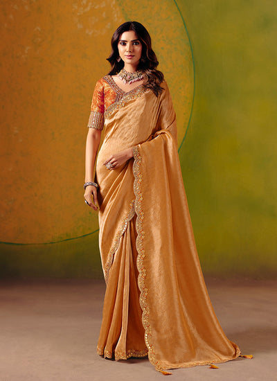 Mustard Gold Embroidery Wedding Silk Saree