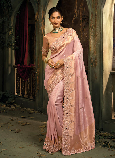 Rose Pink Embroidery Silk Saree