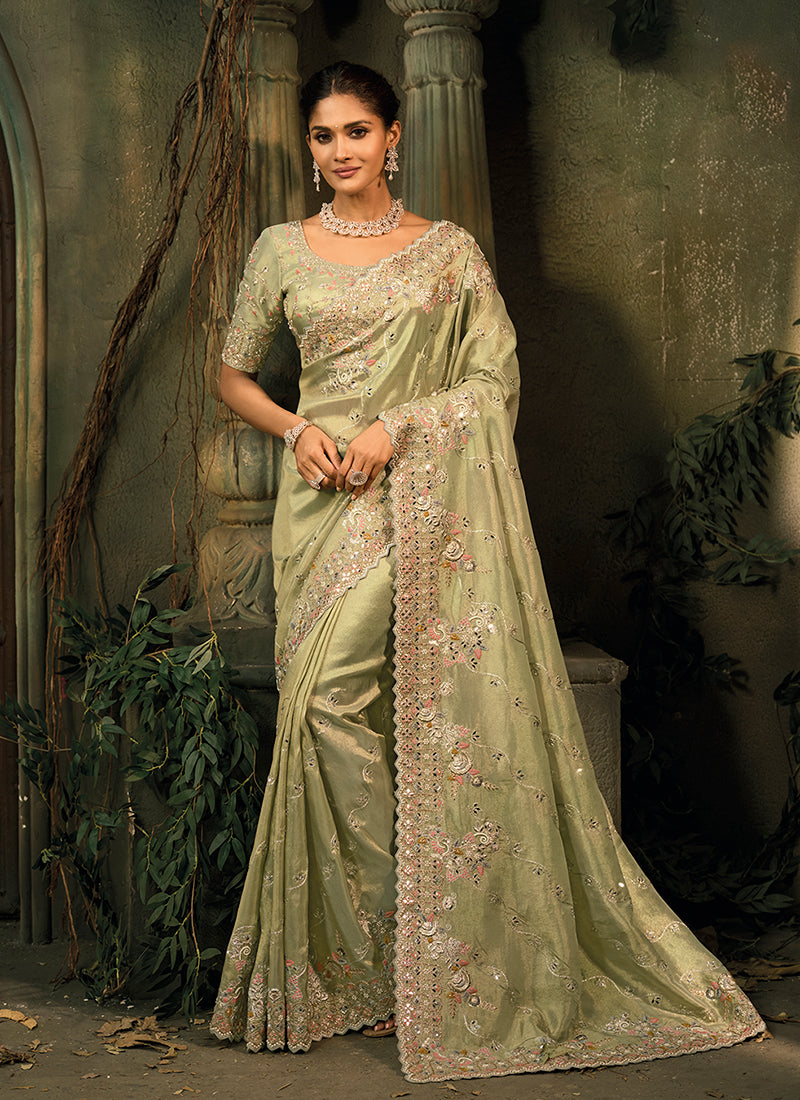 Sage Green Embroidery Silk Saree