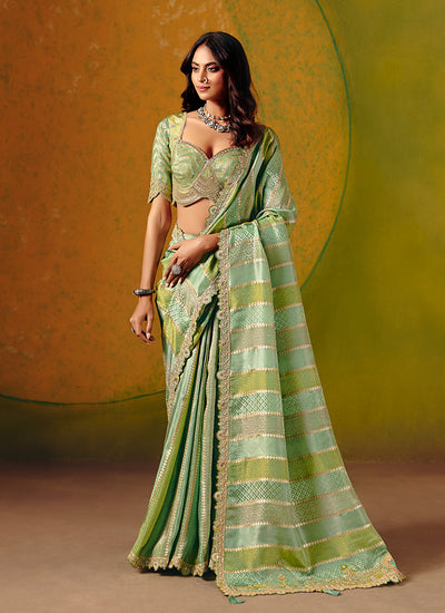 Mint Green Embroidery Wedding Silk Saree