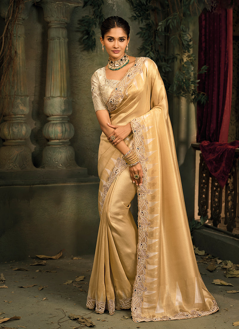 Golden Beige Embroidery Silk Saree