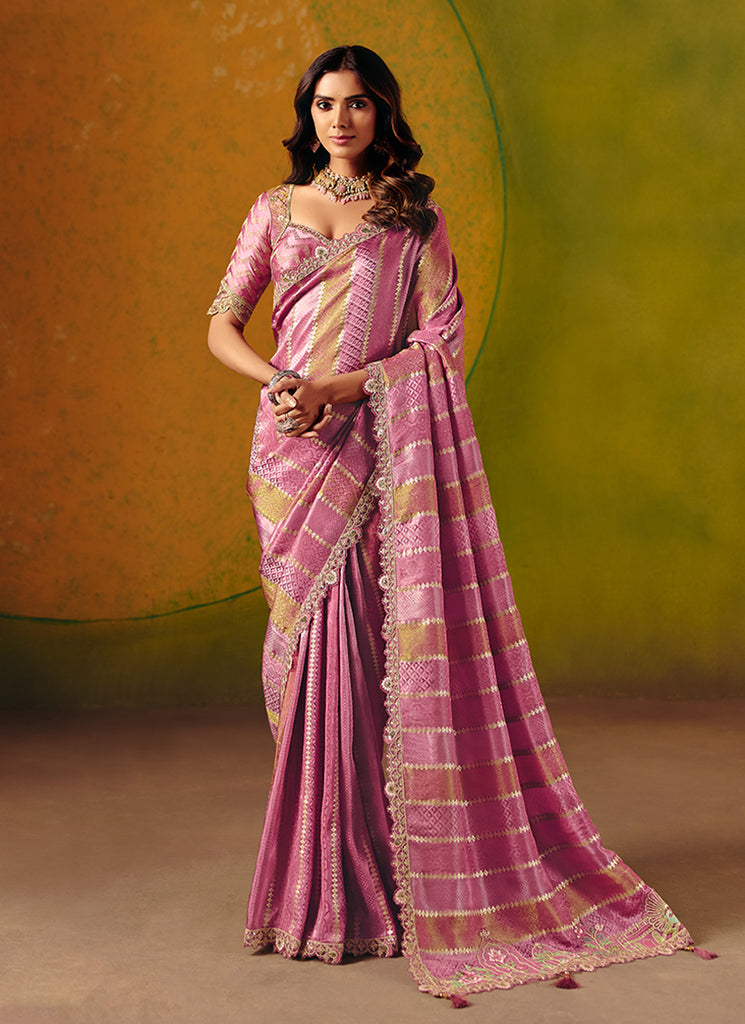 Rose Pink Embroidery Wedding Silk Saree