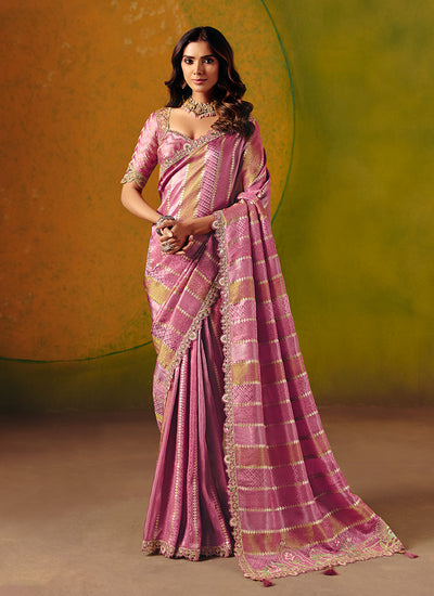 Rose Pink Embroidery Wedding Silk Saree