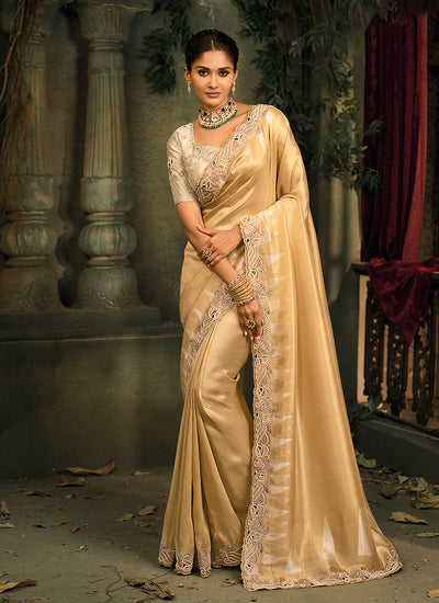 Golden Beige Embroidery Silk Saree