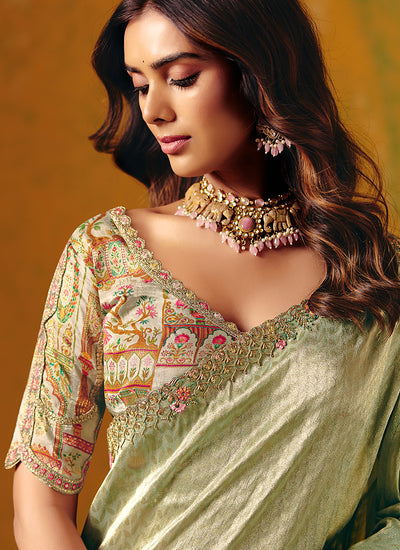 Sage Green Embroidery Wedding Silk Saree