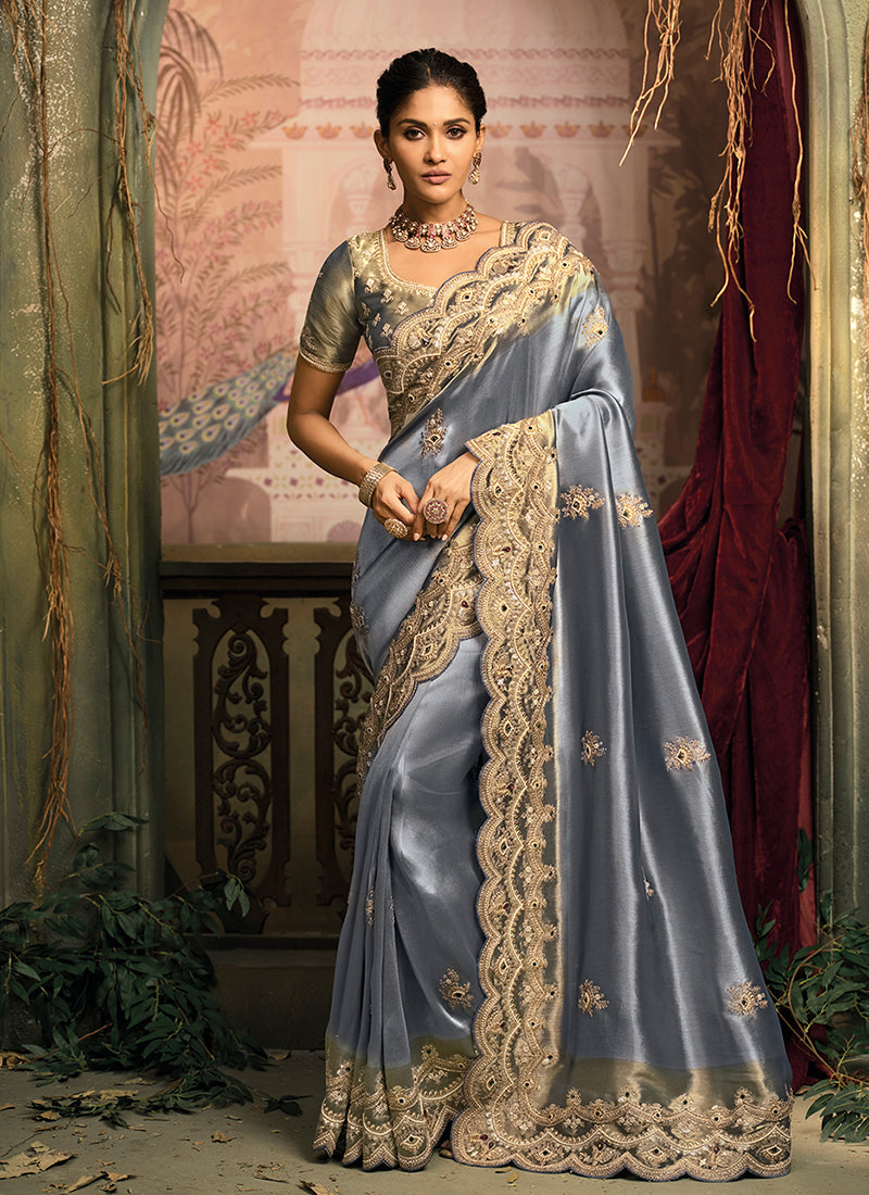 Blue Green Embroidery Silk Saree