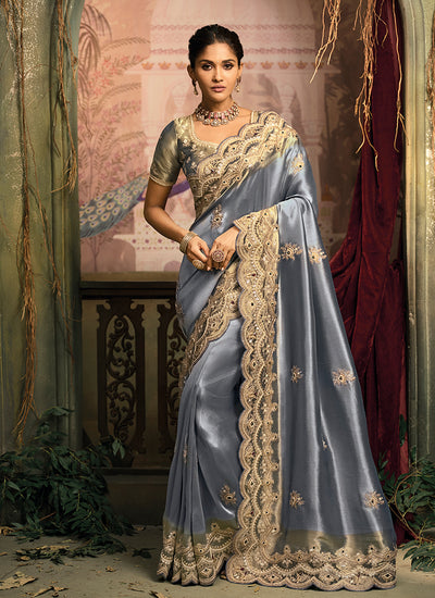 Blue Green Embroidery Silk Saree