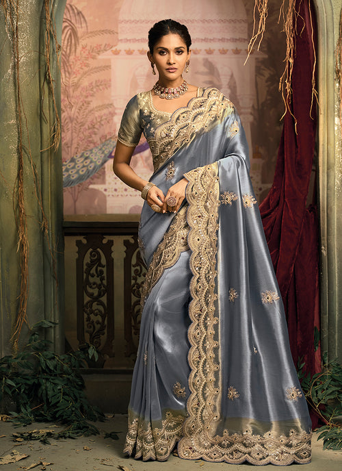 Blue Green Embroidery Silk Saree
