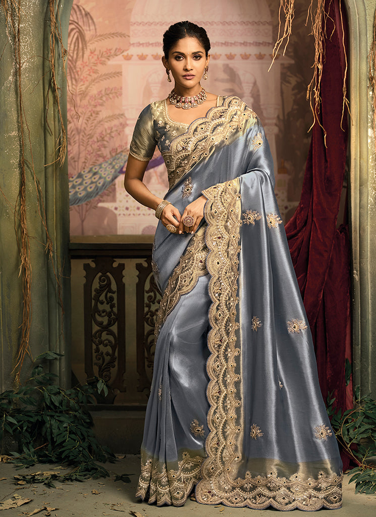 Blue Green Embroidery Silk Saree