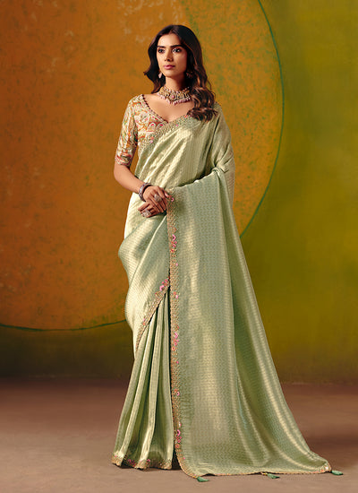 Sage Green Embroidery Wedding Silk Saree