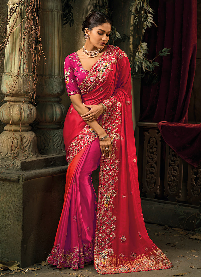 Magenta Pink Embroidery Silk Saree