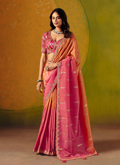 Coral Pink Embroidery Wedding Silk Saree