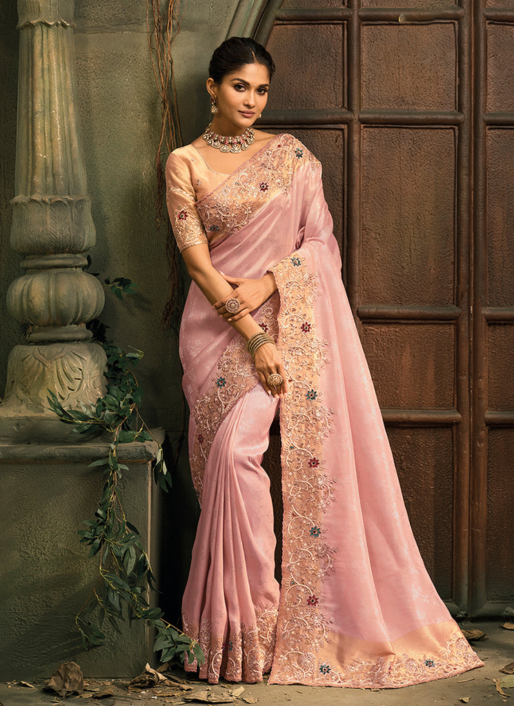 Dusty Pink Embroidery Silk Saree