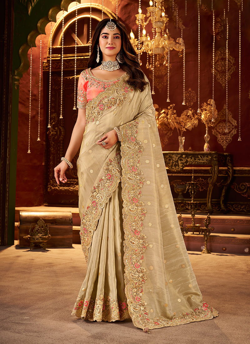 Beige Embroidered Tissue Silk Saree