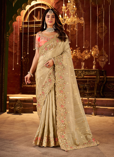 Beige Embroidered Tissue Silk Saree
