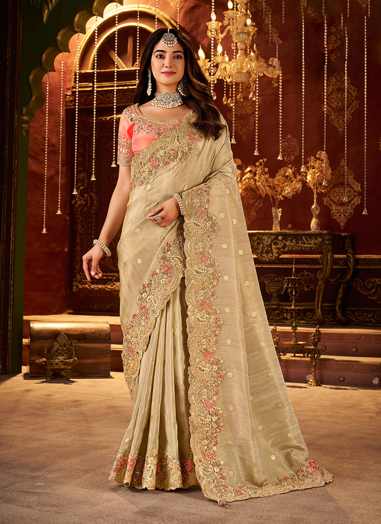 Beige Embroidered Tissue Silk Saree