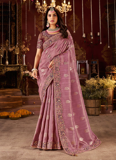 Mauve Purple Embroidered Tissue Silk Saree