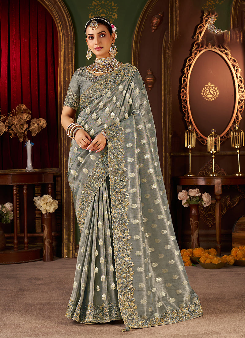Grey Embroidered Tissue Silk Saree