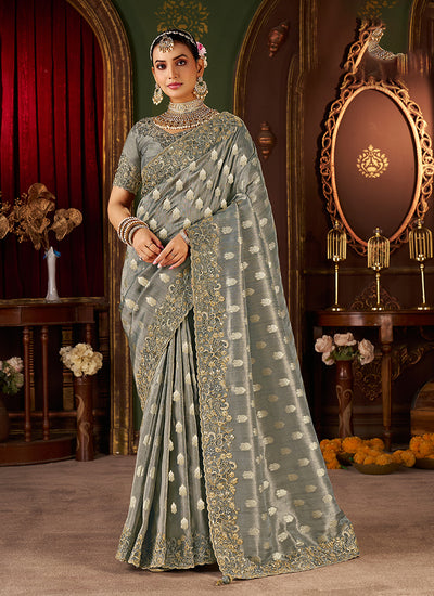 Grey Embroidered Tissue Silk Saree