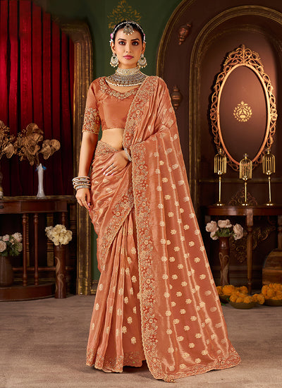 Burnt Orange Embroidered Tissue Silk Saree