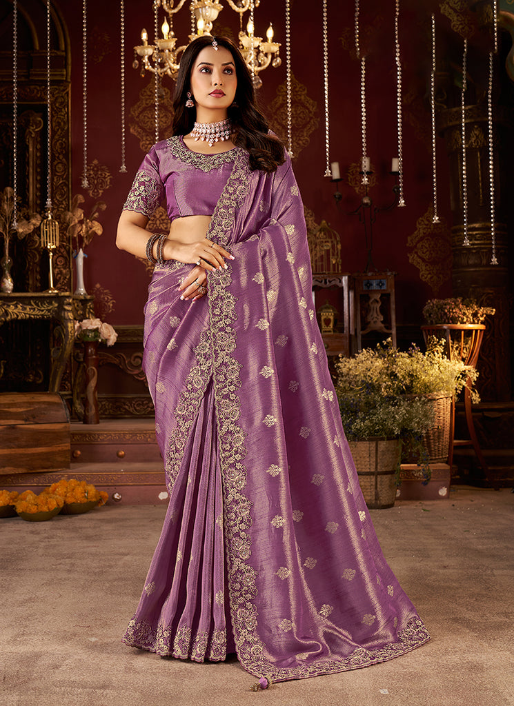 Purple Embroidered Tissue Silk Saree
