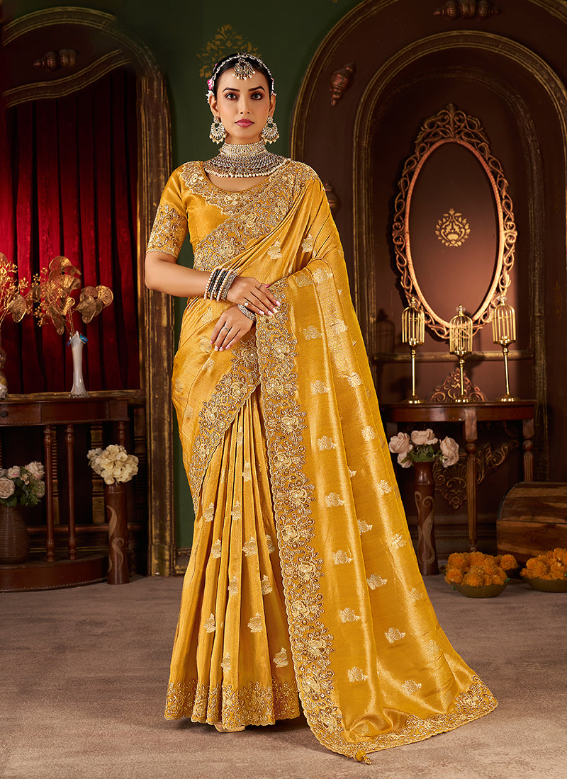 Yellow Embroidered Tissue Silk Saree