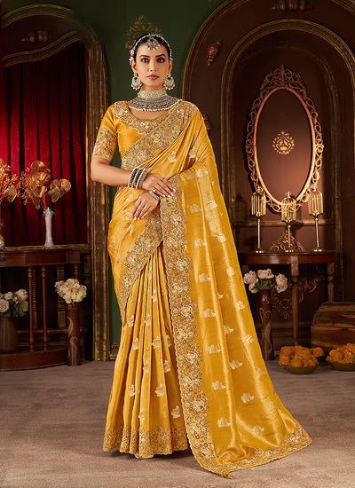 Yellow Embroidered Tissue Silk Saree