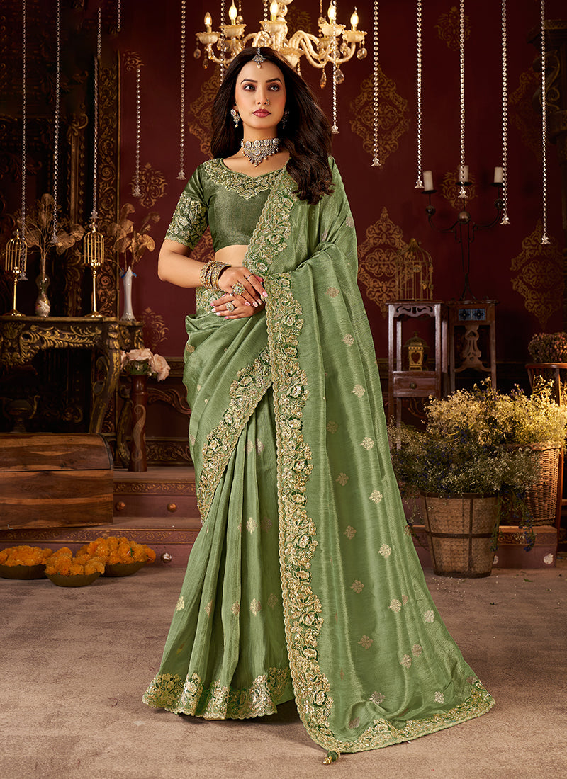 Green Embroidered Tissue Silk Saree