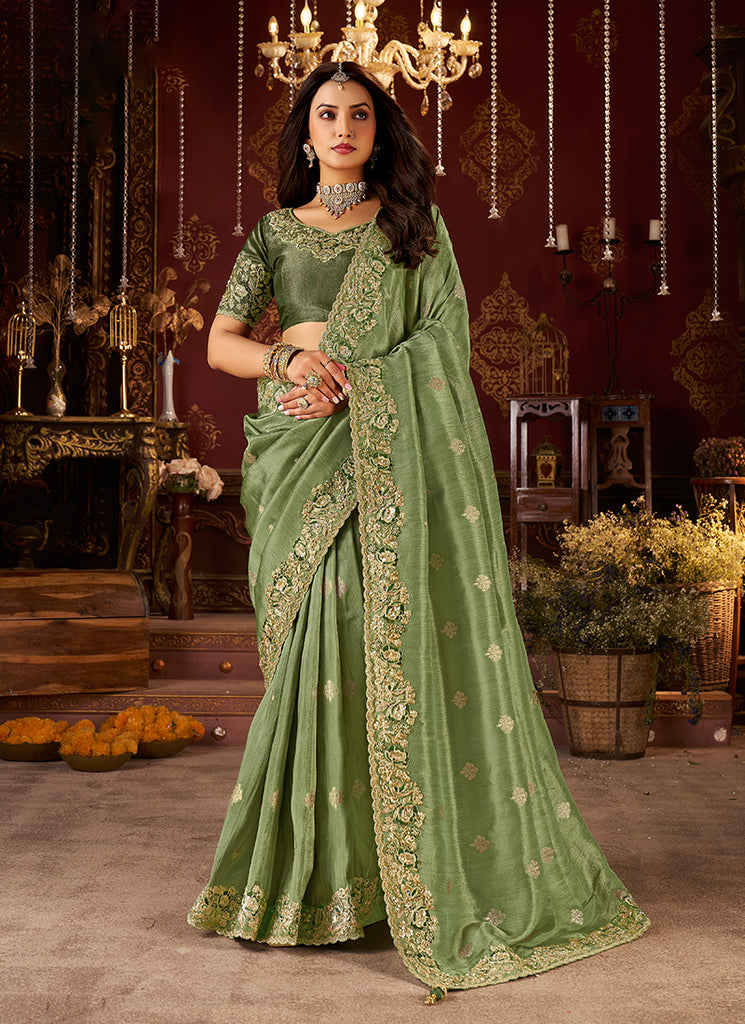Green Embroidered Tissue Silk Saree