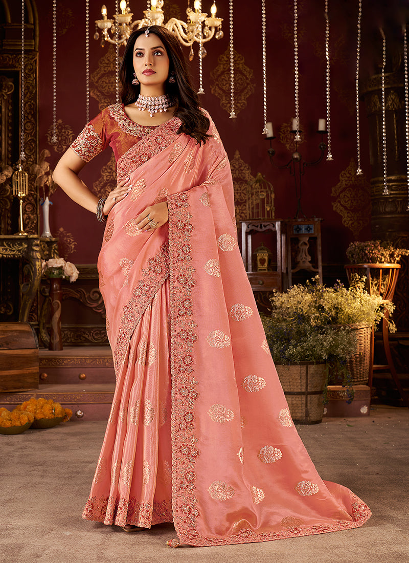 Soft Peach Embroidered Tissue Silk Saree