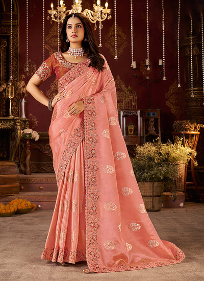 Soft Peach Embroidered Tissue Silk Saree