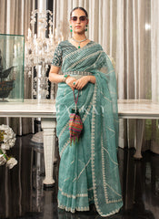 Aqua Blue Embroidered Organza Saree