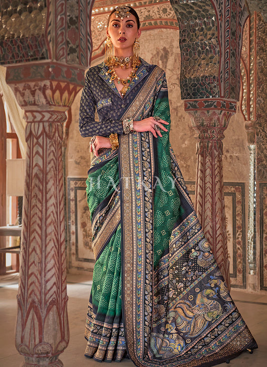 Green Ikat Printed Patola Silk Saree