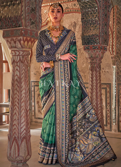 Green Ikat Printed Patola Silk Saree