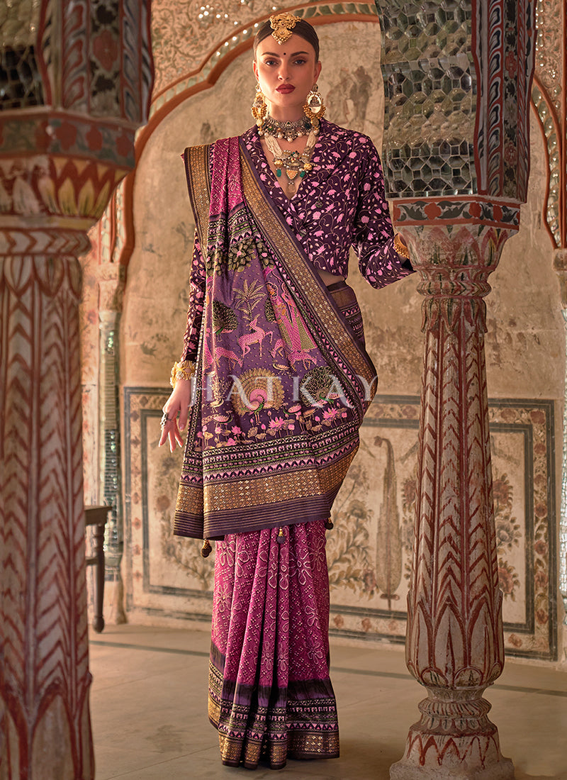 Magenta Ikat Printed Patola Silk Saree