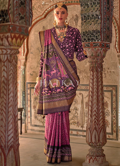 Magenta Ikat Printed Patola Silk Saree