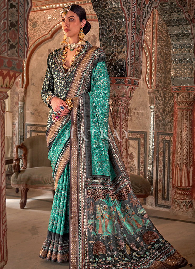 Turquoise Ikat Printed Patola Silk Saree